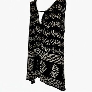 Lucky Brand Black Cream Ikat Batik Floral Keyhole Sleeveless Oversize Tunic Top